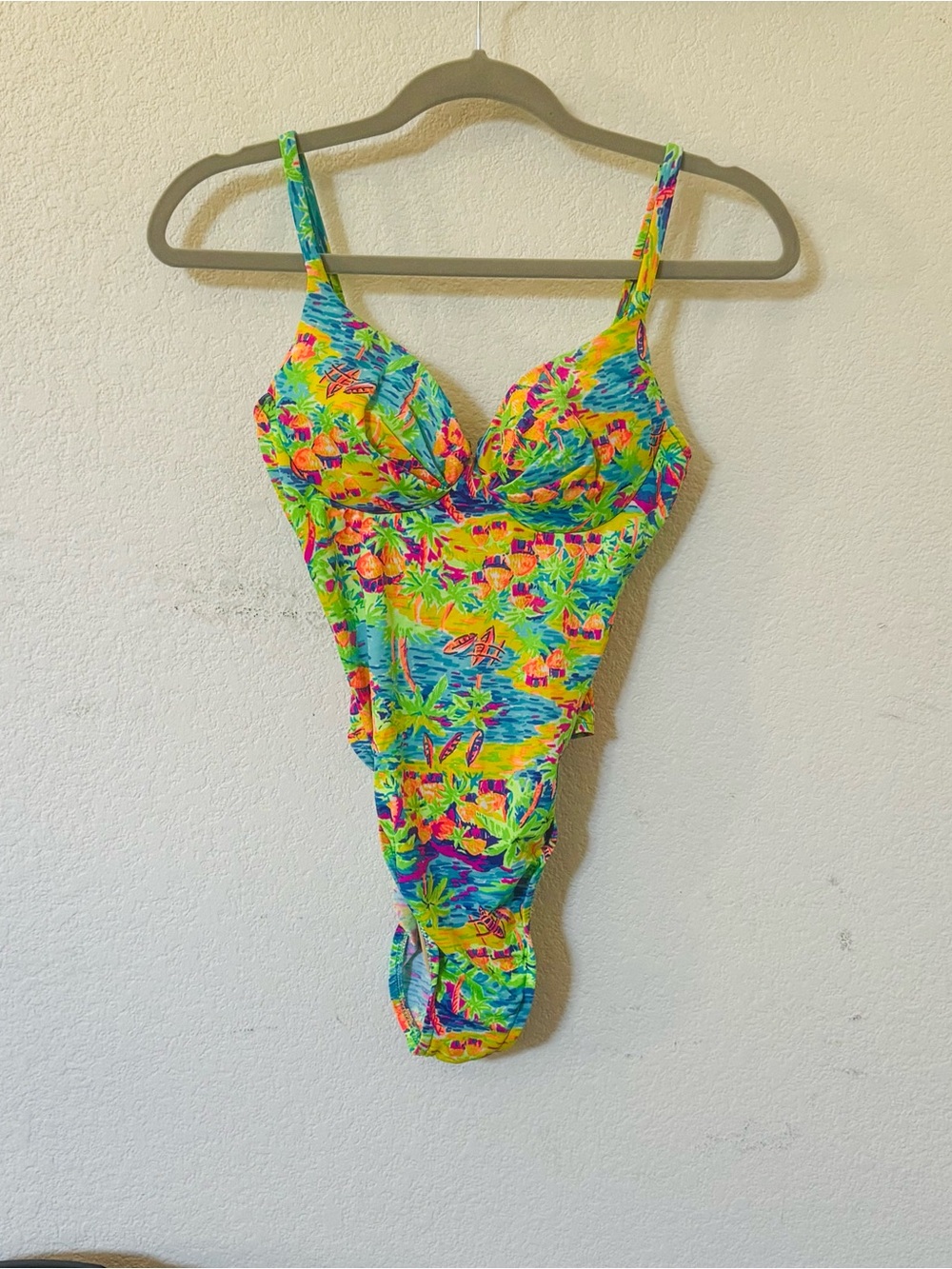 Vintage 80’s Neon Tropical Village Print One Piece Bikini